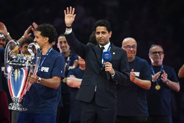 PSG celebrates Champions League trophy at Parc des Princes - FA President of Paris Saint-Germain Nasser Al-Khelaifi delivers a speech as Paris Saint-Germain’s players celebrate the UEFA Champions League trophy at the Parc des Princes Stadium in Paris on June 1, 2025, the day after PSG won the UEFA Champions League final football match over Inter Milan in Munich, on May 31, 2025. Photo by Firas Abdullah ABACAPRESS.COM Paris Ile-de-France France  Copyright: xAbdullahxFiras ABACAx