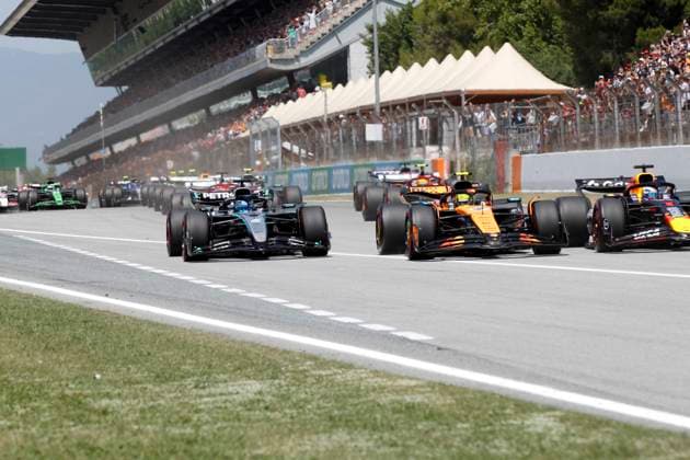June 1, 2025, Sabadell, Barcelona, Spain: Montmelo Spain June 01, 2025 Oscar Piastri (81 AUS McLaren ) ,Lando Norris (4 GBR Mclaren ), Max Verstappen (1 NL Redbull ) and George Russell (63 GBR Mercedes ) during race at the Formula 1 Aramaco Spain Grand Prix 2025 in Montmelo Spain on 01 June 2025 Sabadell Spain - ZUMAu50_ 20250601_zsp_u50_077 Copyright: xXavixUrgelesx