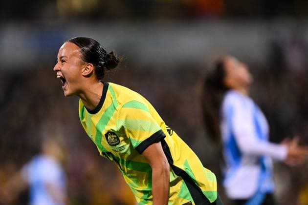 SOCCER AUSTRALIA ARGENTINA, Amy Sayer of Australia celebrates after scoring a goal during the Women s friendly international soccer match between Australia and Argentina at GIO Stadium in Canberra, Monday, June 2, 2025. ( NO ARCHIVING, EDITORIAL USE ONLY CANBERRA AUSTRALIAN CAPITAL TERRITORY AUSTRALIA  Copyright: xLUKASxCOCHx 20250602148323155312
