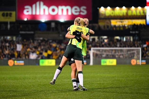 SOCCER AUSTRALIA ARGENTINA, Amy Sayer of Australia celebrates with team mates after scoring a goal during the Women s friendly international soccer match between Australia and Argentina at GIO Stadium in Canberra, Monday, June 2, 2025. ( NO ARCHIVING, EDITORIAL USE ONLY CANBERRA AUSTRALIAN CAPITAL TERRITORY AUSTRALIA  Copyright: xLUKASxCOCHx 20250602157090527845