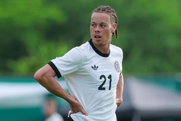 Derry Scherhant (Germany) schaut, Friendly match, Germany U21, U 21 vs RB Leipzig U19, Spa und GolfResort Weimarer Land am 01. June 2025 in Blankenhain, Deutschland. (Foto von Marco Steinbrenner DeFodi Images) Derry Scherhant (Germany) looks on, Friendly match, Germany U21 vs RB Leipzig U19, Spa und GolfResort Weimarer Land, June 1, 2025 in Blankenhain, Germany. (Photo by Marco Steinbrenner DeFodi Images)