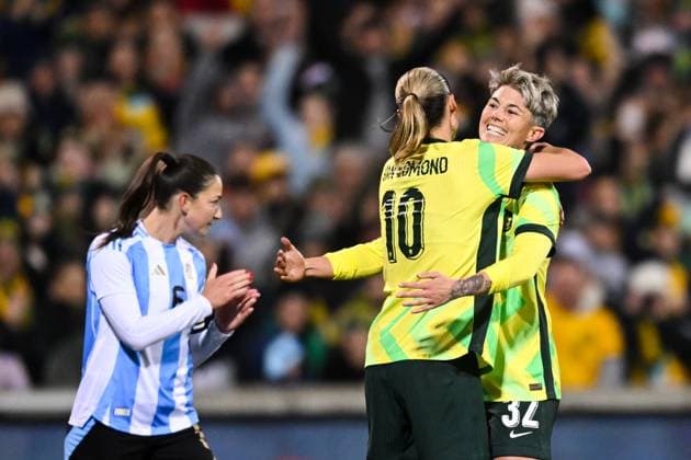 SOCCER AUSTRALIA ARGENTINA, Emily Van Egmond of Australia celebrates with Michelle Heyman of Australia after scoring a goal during the Women s friendly international soccer match between Australia and Argentina at GIO Stadium in Canberra, Monday, June 2, 2025. ( NO ARCHIVING, EDITORIAL USE ONLY CANBERRA AUSTRALIAN CAPITAL TERRITORY AUSTRALIA  Copyright: xLUKASxCOCHx 20250602127196483069