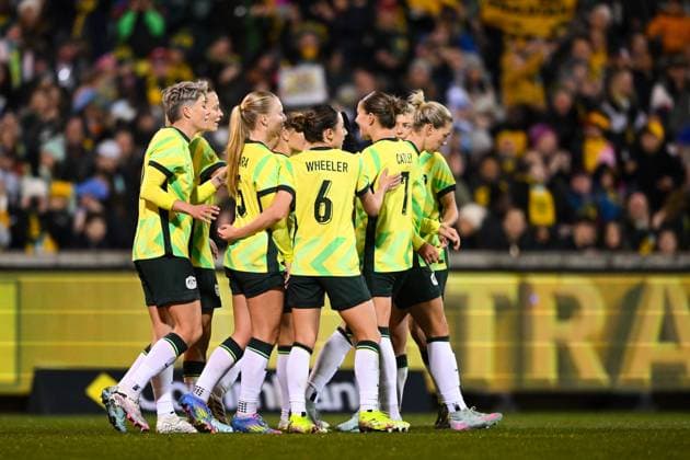 SOCCER AUSTRALIA ARGENTINA, Emily Van Egmond of Australia celebrates with team mates after scoring a goal during the Women s friendly international soccer match between Australia and Argentina at GIO Stadium in Canberra, Monday, June 2, 2025. ( NO ARCHIVING, EDITORIAL USE ONLY CANBERRA AUSTRALIAN CAPITAL TERRITORY AUSTRALIA  Copyright: xLUKASxCOCHx 20250602167829624005