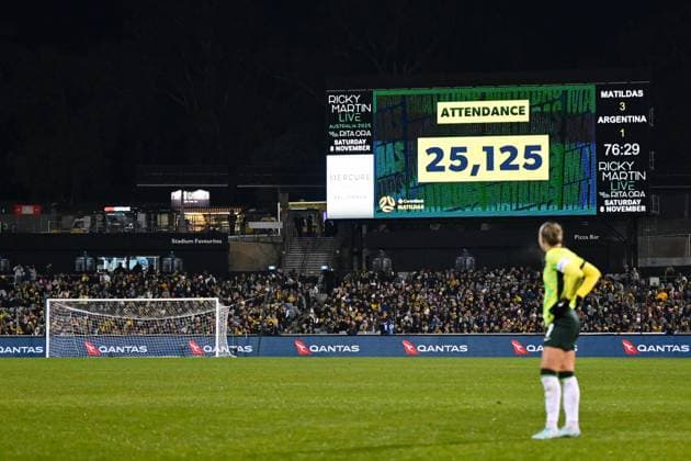SOCCER AUSTRALIA ARGENTINA, The official attendance is shown on a screen during the Women s friendly international soccer match between Australia and Argentina at GIO Stadium in Canberra, Monday, June 2, 2025. ( NO ARCHIVING, EDITORIAL USE ONLY CANBERRA AUSTRALIAN CAPITAL TERRITORY AUSTRALIA  Copyright: xLUKASxCOCHx 20250602173956029929