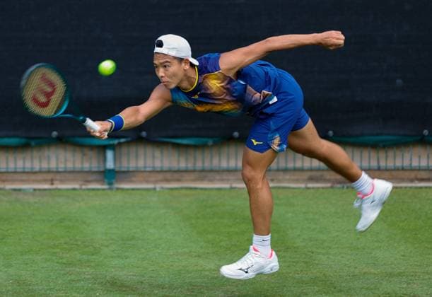 2nd June 2025; Edgbaston Priory Club, Birmingham, England: Lexus Birmingham Open Tennis, Day 1;Li Tu (AUS) forehand in his mens singles match against Zachary Svajda (USA)  ActionPlus12797625 RogerxEvans