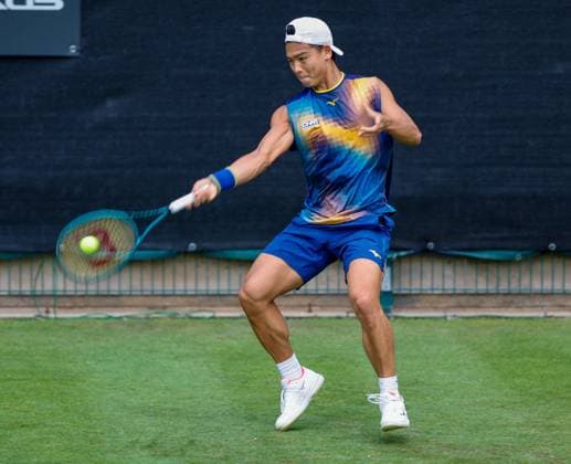 2nd June 2025; Edgbaston Priory Club, Birmingham, England: Lexus Birmingham Open Tennis, Day 1; Li Tu (AUS) forehand in his mens singles match against Zachary Svajda (USA)  ActionPlus12797628 RogerxEvans