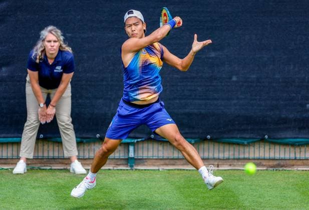 2nd June 2025; Edgbaston Priory Club, Birmingham, England: Lexus Birmingham Open Tennis, Day 1; Li Tu (AUS) forehand off the ground in his mens singles match against Zachary Svajda (USA)  ActionPlus12797632 RogerxEvans
