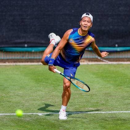 2nd June 2025; Edgbaston Priory Club, Birmingham, England: Lexus Birmingham Open Tennis, Day 1; Li Tu (AUS) serves in his mens singles match against Zachary Svajda (USA)  ActionPlus12797634 RogerxEvans