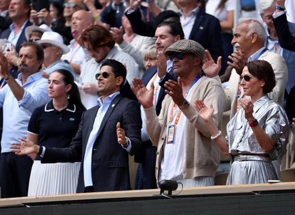Nasser Al-Khelaifi, owner of PSG, next to Yannick Noah French Open Tennis, Day Nine, Tennis, Roland Garros, Paris, France - 02 Jun 2025 EDITORIAL USE ONLY No use with unauthorised audio, video, data, fixture lists, club league logos or live services. Online in-match use limited to 120 images, no video emulation. No use in betting, games or single club league player publications. Copyright: xEllaxLing Shutterstockx 15335296c