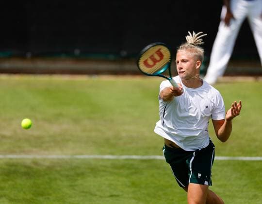 2nd June 2025; Edgbaston Priory Club, Birmingham, England: Lexus Birmingham Open Tennis, Day 1; Mark Lajal (EST) forehand in his mens singles match against Coleman Wong (HKG)  ActionPlus12797673 RogerxEvans