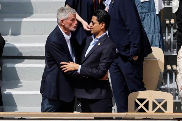 June 2, 2025, Paris, Paris, France: Gilles Moretton ((ro sident of FFT) and Nasser al-KhelaoÂ¯fi (pro sident of PSG) during the presentation of the champion4s league trophy during the tennis Grand Slam of Roland Garros 2025, after the match between Lois Boisson (FRA) and Jessica Pegula (USA) at Roland Garros Stadium - on June 02 2025.Paris - France Paris France - ZUMAb253 20250602_zsp_b253_133 Copyright: xLoicxBaratouxx