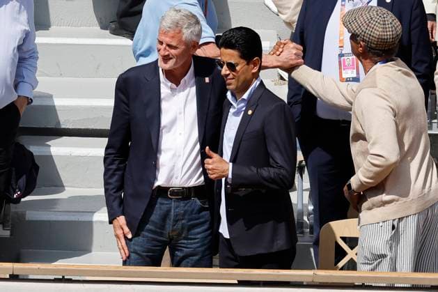 June 2, 2025, Paris, Paris, France: Gilles Moretton ((ro sident of FFT) and Nasser al-KhelaoÂ¯fi (pro sident of PSG) during the presentation of the champion4s league trophy during the tennis Grand Slam of Roland Garros 2025, after the match between Lois Boisson (FRA) and Jessica Pegula (USA) at Roland Garros Stadium - on June 02 2025.Paris - France Paris France - ZUMAb253 20250602_zsp_b253_144 Copyright: xLoicxBaratouxx
