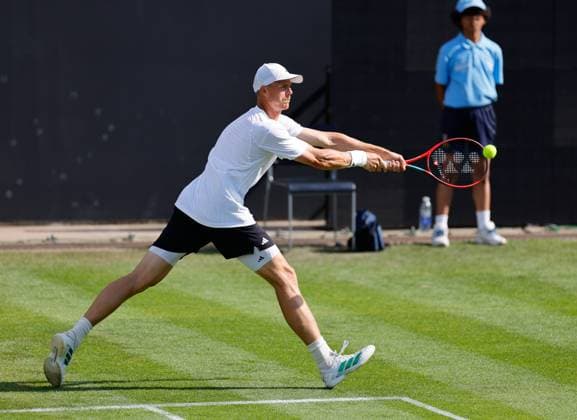 2nd June 2025; Edgbaston Priory Club, Birmingham, England: Lexus Birmingham Open Tennis, Day 1; Billy Harris (GBR) running backhand in his mens singles match against Rinky Hijikata (AUS)  ActionPlus12797742 RogerxEvans