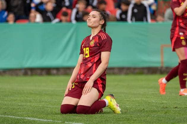 02.06.2025, xhfmx, Fussball U 23-Frauen-Länderspiel, Deutschland - USA Sophie Weidauer (Deutschland U23) nach einer vergebenen Torchance. (DFL DFB REGULATIONS PROHIBIT ANY USE OF PHOTOGRAPHS as IMAGE SEQUENCES and or QUASI-VIDEO) Pforzheim