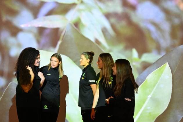MATILDAS NATIONAL PORTRAIT GALLERY ANNOUNCEMENT, Matildas players Clare Hunt, Clare Wheeler, Courtney Nevin and Teagan Micah speak to artist Angela Tiatia in front of one of her artworks during an announcement at the National Portrait Gallery Of Australia in Canberra, Tuesday, June 3, 2025. The National Portrait Gallery today announced a major new video portrait of all 23 players from the FIFA Women™s World Cup 2023 Final Squad to be finished by the end of the year. ( NO ARCHIVING Canberra Australian Capital Territory Australia  Copyright: xLukasxCochx 20250603182413554710
