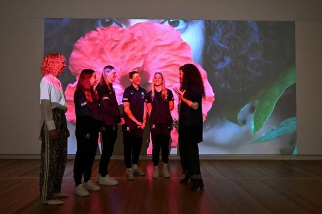 MATILDAS NATIONAL PORTRAIT GALLERY ANNOUNCEMENT, National Portrait Gallery Director Bree Pickering, Matildas players Clare Hunt, Clare Wheeler, Courtney Nevin and Teagan Micah speak to artist Angela Tiatia in front of one of her artworks during an announcement at the National Portrait Gallery Of Australia in Canberra, Tuesday, June 3, 2025. The National Portrait Gallery today announced a major new video portrait of all 23 players from the FIFA Women™s World Cup 2023 Final Squad to be finished by the end of the year. ( NO ARCHIVING Canberra Australian Capital Territory Australia  Copyright: xLukasxCochx 20250603143897217070