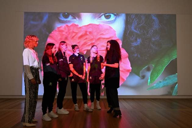 MATILDAS NATIONAL PORTRAIT GALLERY ANNOUNCEMENT, National Portrait Gallery Director Bree Pickering, Matildas players Clare Hunt, Clare Wheeler, Courtney Nevin and Teagan Micah speak to artist Angela Tiatia in front of one of her artworks during an announcement at the National Portrait Gallery Of Australia in Canberra, Tuesday, June 3, 2025. The National Portrait Gallery today announced a major new video portrait of all 23 players from the FIFA Women™s World Cup 2023 Final Squad to be finished by the end of the year. ( NO ARCHIVING Canberra Australian Capital Territory Australia  Copyright: xLukasxCochx 20250603149448357461