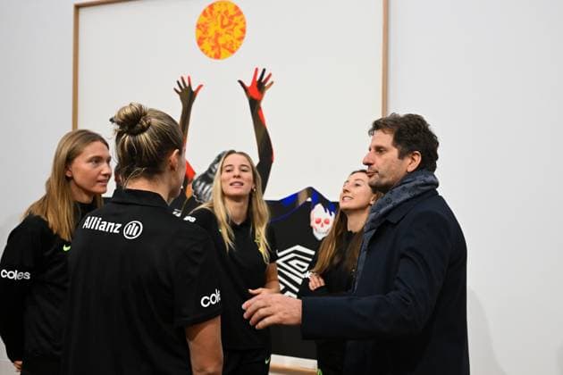 MATILDAS NATIONAL PORTRAIT GALLERY ANNOUNCEMENT, Matildas players Clare Hunt, Clare Wheeler, Courtney Nevin and Teagan Micah speak to newly appointed Matildas coach Joe Montemurro during an announcement at the National Portrait Gallery Of Australia in Canberra, Tuesday, June 3, 2025. The National Portrait Gallery today announced a major new video portrait of all 23 players from the FIFA Women™s World Cup 2023 Final Squad to be finished by the end of the year. ( NO ARCHIVING Canberra Australian Capital Territory Australia  Copyright: xLukasxCochx 20250603143258826507