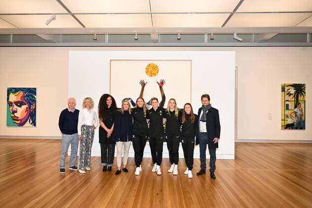 MATILDAS NATIONAL PORTRAIT GALLERY ANNOUNCEMENT, National Portrait Gallery Director Bree Pickering, Matildas players Clare Hunt, Clare Wheeler, Courtney Nevin and Teagan Micah, Football Australia interim CEO Heather Garriock, artist Angela Tiatia, outgoing Matildas head coach Tom Sermanni and newly appointed Matildas coach Joe Montemurro pose for photographs during an announcement at the National Portrait Gallery Of Australia in Canberra, Tuesday, June 3, 2025. The National Portrait Gallery today announced a major new video portrait of all 23 players from the FIFA Women™s World Cup 2023 Final Squad to be finished by the end of the year. ( NO ARCHIVING Canberra Australian Capital Territory Australia  Copyright: xLukasxCochx 20250603112153662945