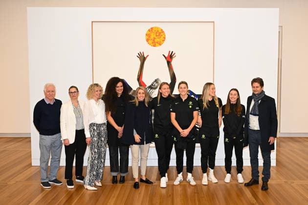 MATILDAS NATIONAL PORTRAIT GALLERY ANNOUNCEMENT, National Portrait Gallery Director Bree Pickering, Matildas players Clare Hunt, Clare Wheeler, Courtney Nevin and Teagan Micah, Football Australia interim CEO Heather Garriock, artist Angela Tiatia, outgoing Matildas head coach Tom Sermanni and newly appointed Matildas coach Joe Montemurro pose for photographs during an announcement at the National Portrait Gallery Of Australia in Canberra, Tuesday, June 3, 2025. The National Portrait Gallery today announced a major new video portrait of all 23 players from the FIFA Women™s World Cup 2023 Final Squad to be finished by the end of the year. ( NO ARCHIVING Canberra Australian Capital Territory Australia  Copyright: xLukasxCochx 20250603150683284228