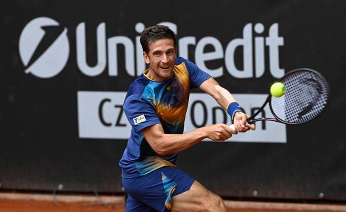 Vit Kopriva of Czech Republic returnes the ball to Lukas Neumayer of Austria during their first round match of the UniCredit Czech Open, ATP, Tennis Herren Challenger tour in Prostejov, Czech Republic, June 3, 2025. (CTKxPhoto LudekxPerina) CTKPhotoP2025060304239  CTKPhotoP2025060304239
