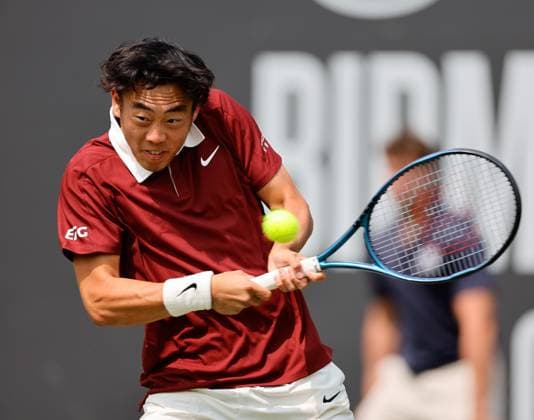 3rd June 2025; Edgbaston Priory Club, Birmingham, England: Lexus Birmingham Open Tennis, Day 2; Coleman Wong (HKG)backhand in his mens singles match against Johannus Monday (GBR)  ActionPlus12797816 RogerxEvans