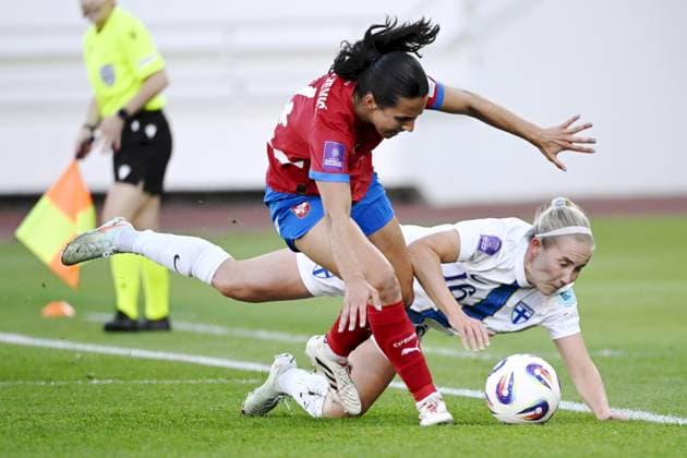 Serbia s Vesna Milivojevic (L) and Finland s Nea Lehtola during the Women s UEFA Nations League Group B3 football match between Finland and Serbia in Helsinki, Finland, on June 3, 2025. Helsinki Finland LKFTJK20250603201616ZGHU  Copyright: xEmmixKorhonenx LKFTJK20250603201616ZGHU