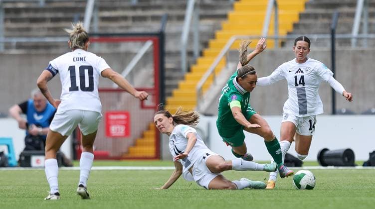 UEFA Women s Nations League 2025, Pairc Ui Chaoimh, Cork 3 6 2025 Republic of Ireland WNT vs Slovenia Ireland s Katie McCabe tackled by Lara PraÅ¡nikar of Slovenia Katie McCabe tackled by Lara PraÅ¡nikar 3 6 2025  Copyright: x INPHO RyanxByrnex RB1_9862