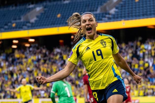 250603 Johanna Rytting Kaneryd of Sweden celebrates after scoring 2-0 during the Women s Nations League football match between Sweden and Denmark on June 3, 2025 in Stockholm. Photo: Joel Marklund BILDBYRAN kod JM JM0698 fotboll football soccer fotball nations league uefa womens nations league sverige sweden danmark denmark dam bbeng bbauto jubel Copyright: JOELxMARKLUND BB250603JM020