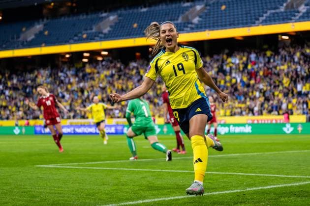 250603 Johanna Rytting Kaneryd of Sweden celebrates after scoring 2-0 during the Women s Nations League football match between Sweden and Denmark on June 3, 2025 in Stockholm. Photo: Joel Marklund BILDBYRAN kod JM JM0698 fotboll football soccer fotball nations league uefa womens nations league sverige sweden danmark denmark dam bbeng bbauto jubel Copyright: JOELxMARKLUND BB250603JM021