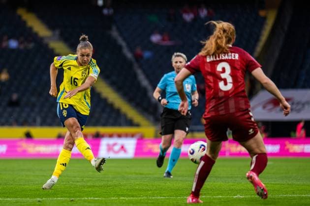 250603 Filippa Angeldahl of Sweden scores 3-0 during the Women s Nations League football match between Sweden and Denmark on June 3, 2025 in Stockholm. Photo: Joel Marklund BILDBYRAN kod JM JM0698 fotboll football soccer fotball nations league uefa womens nations league sverige sweden danmark denmark dam bbeng bbauto Copyright: JOELxMARKLUND BB250603JM025