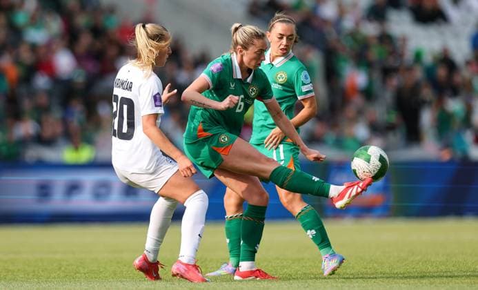 UEFA Women s Nations League 2025, Pairc Ui Chaoimh, Cork 3 6 2025 Republic of Ireland WNT vs Slovenia Slovenia s Zara KramÅ¾ar with Megan Connolly of Ireland Zara KramÅ¾ar with Megan Connolly 3 6 2025  Copyright: x INPHO RyanxByrnex RB1_2050