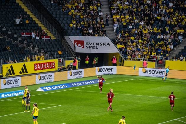 250603 Janni Thomsen of Denmark celebrates after scoring 3-1 during the Women s Nations League football match between Sweden and Denmark on June 3, 2025 in Stockholm. Photo: Simon Hastegard BILDBYRAN kod SH JM0698 fotboll football soccer fotball nations league uefa womens nations league sverige sweden danmark denmark dam bbeng jubel Copyright: SIMONxHASTEGARD BB250603SH032