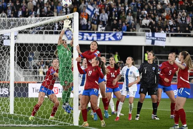 Goal keeper 1 Milica Kostic of Serbia jumps for the ball during the Women s UEFA Nations League Group B3 football match between Finland and Serbia in Helsinki, Finland, on June 3, 2025. Helsinki Finland LKFTJK20250603220218KOCY  Copyright: xEmmixKorhonenx LKFTJK20250603220218KOCY
