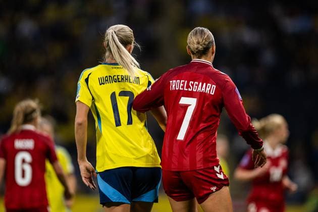 250603 Ellen Wangerheim of Sweden and Sanne Troelsgaard of Denmark during the Women s Nations League football match between Sweden and Denmark on June 3, 2025 in Stockholm. Photo: Joel Marklund BILDBYRAN kod JM JM0698 fotboll football soccer fotball nations league uefa womens nations league sverige sweden danmark denmark dam bbeng Copyright: JOELxMARKLUND BB250603JM087