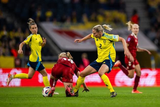 250603 Sofie Bredgaard of Denmark and Jonna Andersson of Sweden during the Women s Nations League football match between Sweden and Denmark on June 3, 2025 in Stockholm. Photo: Joel Marklund BILDBYRAN kod JM JM0698 fotboll football soccer fotball nations league uefa womens nations league sverige sweden danmark denmark dam bbeng bbauto Copyright: JOELxMARKLUND BB250603JM101