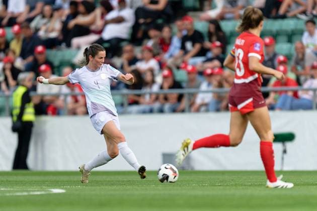 Sion, Switzerland, June 03 2025 : Tuva Hansen (4 Norway) shoots the ball (action) during the UEFA Women s Nations League game between Switzerland and Norway at Stade de Tourbillon in Sion, Switzerland (Giuseppe Velletri SPP) Copyright: xGiuseppexVelletrix xSPPx spp-en-GiVeSp-DZ9_7747