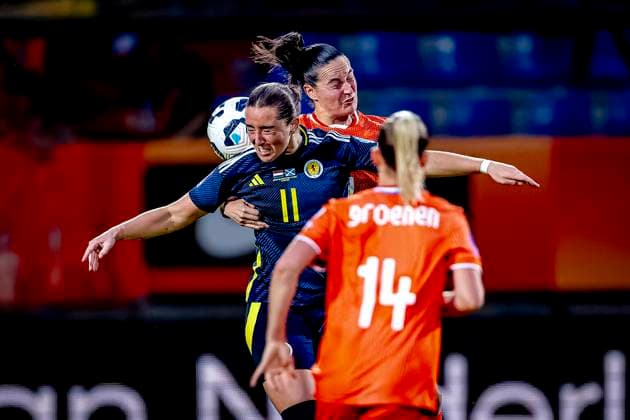 Scotland forwarder Kathleen Mary McGovern, Netherlands defender Caitlin Dijkstra during the match Netherlands - Scotland (women) at the Koning Willem II stadium for the UEFA Nations League women season 2024-2025 in TILBURG, Netherlands on 3 june 2025, (photo by Marcel van Dorst EYE4images DeFodi Images)