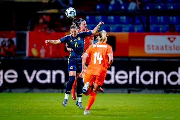 Scotland forwarder Kathleen Mary McGovern, Netherlands defender Caitlin Dijkstra during the match Netherlands - Scotland (women) at the Koning Willem II stadium for the UEFA Nations League women season 2024-2025 in TILBURG, Netherlands on 3 june 2025, (photo by Marcel van Dorst EYE4images DeFodi Images)