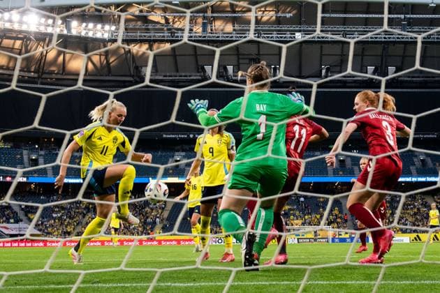 250603 Stina Blackstenius of Sweden scores 5-1 behind goalkeeper Maja Bay ostergaard, Katrine Veje and Stine Ballisager of Denmark during the Women s Nations League football match between Sweden and Denmark on June 3, 2025 in Stockholm. Photo: Emma Wallskog BILDBYRAN COP 320 JM0698 fotboll football soccer fotball nations league uefa womens nations league sverige sweden danmark denmark dam bbeng Copyright: EMMAxWALLSKOG BB250603EW053