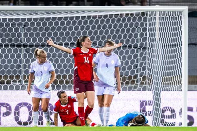 250603 Smilla Vallotto of Switzerland reacts during the UEFA Women™s Nations League football match between Switzerland and Norway on June 3, 2025 in Sion. Photo: Marius Simensen BILDBYRAN COP 238 bbeng dam football fotball fotboll norge norway soccer sveits switzerland uefa women s nations league Copyright: MARIUSxSIMENSEN BB250603BB962