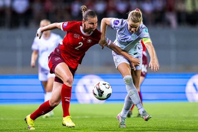 250603 Julia Stierli of Switzerland and Ada Hegerberg of Norway during the UEFA Women™s Nations League football match between Switzerland and Norway on June 3, 2025 in Sion. Photo: Marius Simensen BILDBYRAN COP 238 bbeng dam football fotball fotboll norge norway soccer sveits switzerland uefa women s nations league Copyright: MARIUSxSIMENSEN BB250603BB963