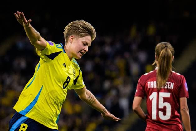 250603 Lina Hurtig of Sweden celebrates after scoring 6-1 during the Women s Nations League football match between Sweden and Denmark on June 3, 2025 in Stockholm. Photo: Joel Marklund BILDBYRAN kod JM JM0698 fotboll football soccer fotball nations league uefa womens nations league sverige sweden danmark denmark dam bbeng jubel Copyright: JOELxMARKLUND BB250603JM159