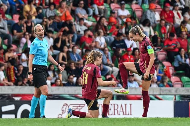 250603 PORTUGAL VS BELGIUM Tessa Wullaert (9) of Belgium scores 0-3 and Belgium celebrate during a game between the national teams of Portugal and Belgium, called the Red Flames on the 6th matchday in group A3 of the 2024-25 Women s Nations League competition, on Tuesday 3 June 2025 in Funchal , Portugal . PHOTO SPORTPIX Stijn Audooren Funchal Estadio do Maritimo Portugal  Copyright: xSportpix.bex xStijnxAudoorenxStijnxAudoorenx