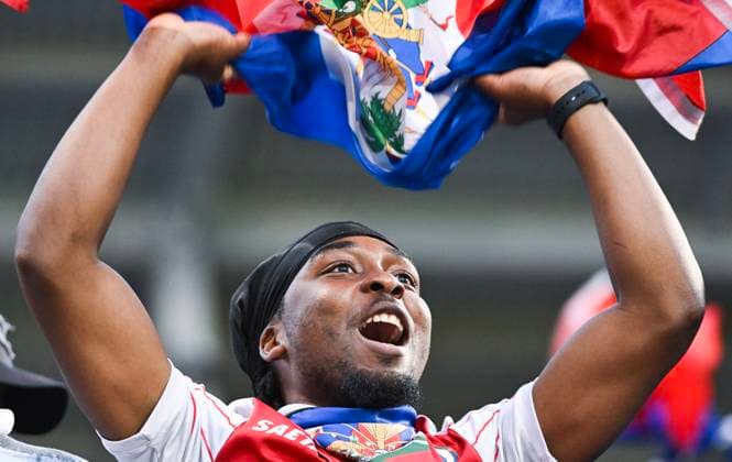 June 3, 2025, Montreal, Pq, Canada: A Haitian fan cheers on his team during first half international soccer action against Canada in Montreal, Tuesday, June 3, 2025. Canada Haiti Soccer,  - ZUMAc35_ 20250603_zaf_c35_101 Copyright: xGrahamxHughesx