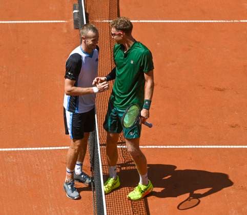 Vitaliy Sachko of Ukraine, left, defeated Milos Karol of Slovakia during their second round match of the UniCredit Czech Open, ATP, Tennis Herren Challenger tour in Prostejov, Czech Republic, June 4, 2025. (CTKxPhoto LudekxPerina) CTKPhotoP2025060403497  CTKPhotoP2025060403497