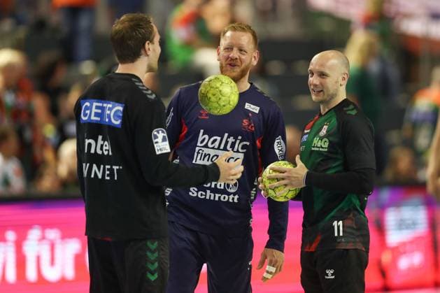 04.06.2025, xtgx, Handball, Daikin HBL, SC Magdeburg - SG Flensburg Handewitt v.l. Felix Claar (Magdeburg, 7), Jim Gottfridsson (Flensburg, 24), Daniel Pettersson (Magdeburg, 11) Magdeburg