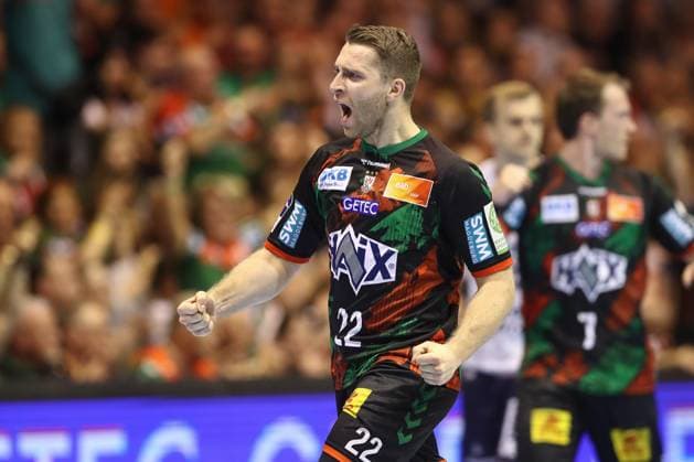 04.06.2025, xtgx, Handball, Daikin HBL, SC Magdeburg - SG Flensburg Handewitt v.l. Lukas Mertens (Magdeburg, 22) Jubel, Torjubel, jubelt ueber das Tor, celebrate the goal, celebration Magdeburg