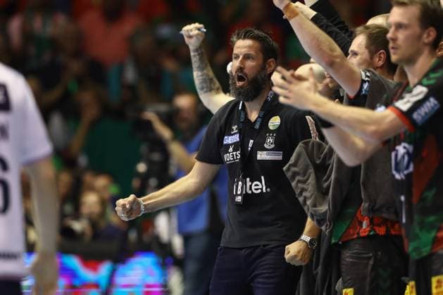 04.06.2025, xtgx, Handball, Daikin HBL, SC Magdeburg - SG Flensburg Handewitt v.l. Bennet Wiegert (Magdeburg, Trainer) Jubel, Torjubel, jubelt ueber das Tor, celebrate the goal, celebration Magdeburg