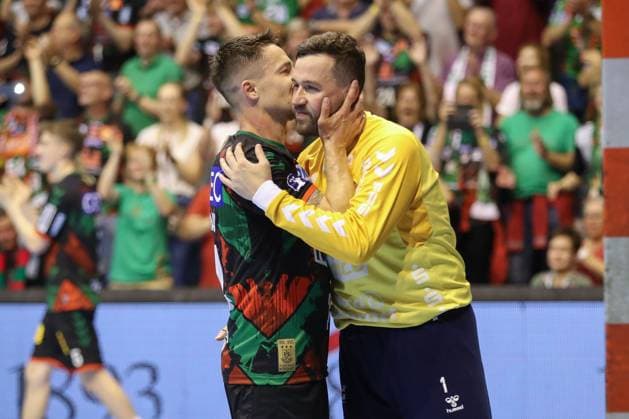 Sport Bilder des Tages 04.06.2025, xtgx, Handball, Daikin HBL, SC Magdeburg - SG Flensburg Handewitt v.l. Michael Damgaard (Magdeburg, 34), Benjamin Buric (Flensburg, 1) Jubel, Torjubel, jubelt ueber das Tor, celebrate the goal, celebration Magdeburg